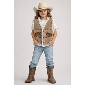 Vintage Western Sherpa-Lined Suede Vest | Kids Youth 10–12 | Horse Cowboycore